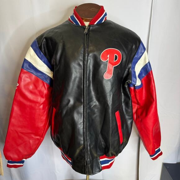 Philadelphia Phillies MLB Vintage G-III Leather Varsity Jacket Red Black Medium - Picture 2 of 12